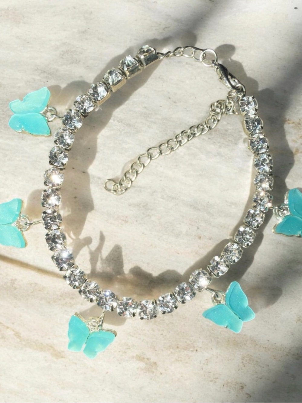 Crystal Tennis Bracelet with Turquoise Butterfly Charms - Women Jewelry